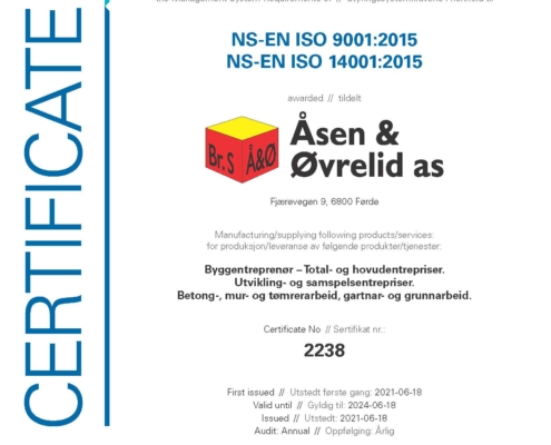Bilde som viser Åsen & Øvrelid sitt ISO sertifikat