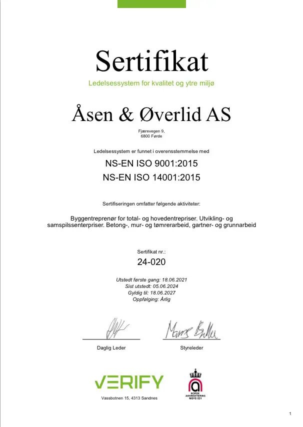 ISO-sertifikat Åsen & Øvrelid 2024–2027. Bilde av dokument.